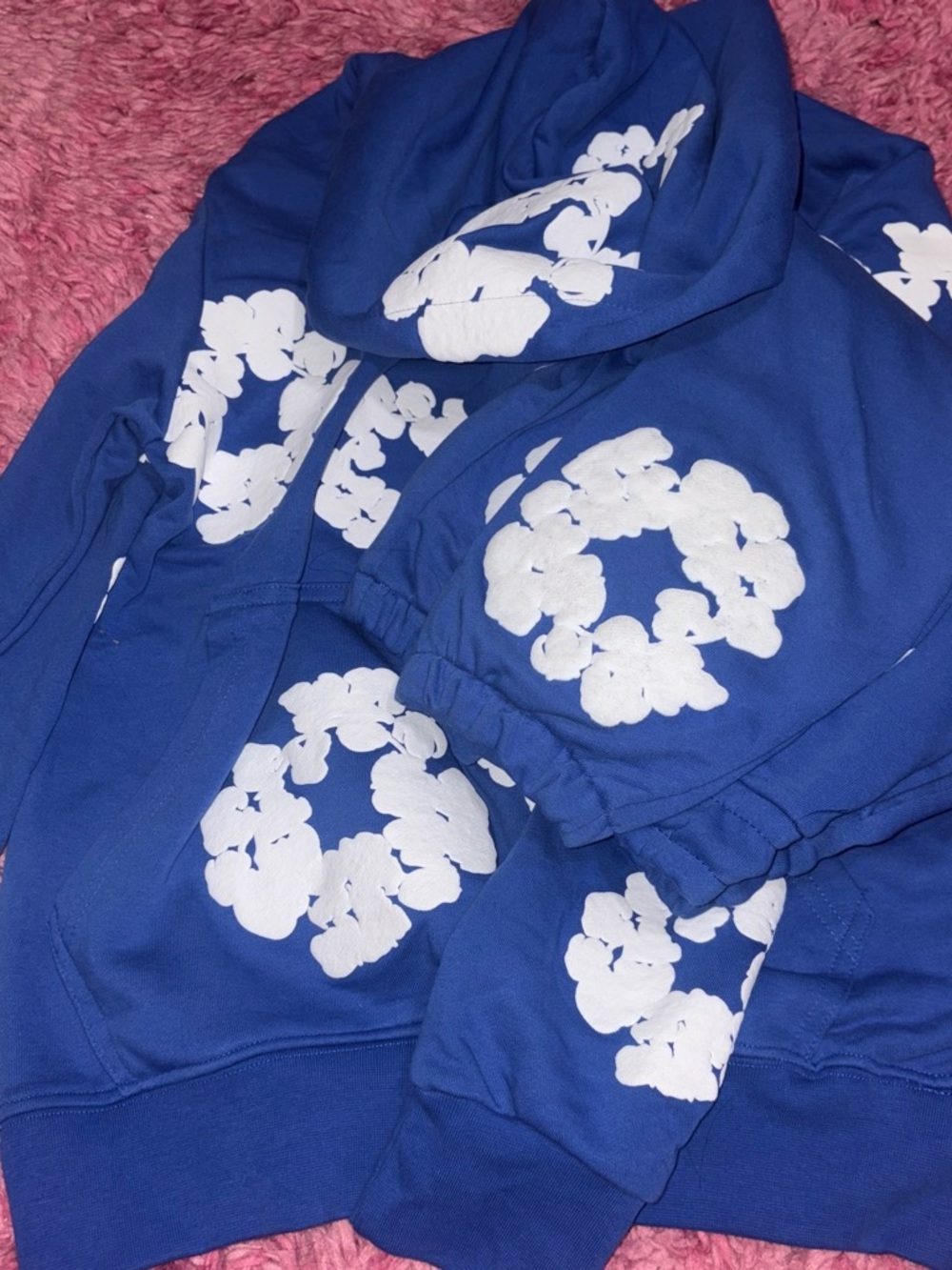 Blue Denim Tears Hoodie And Pants Set with White Floral Print